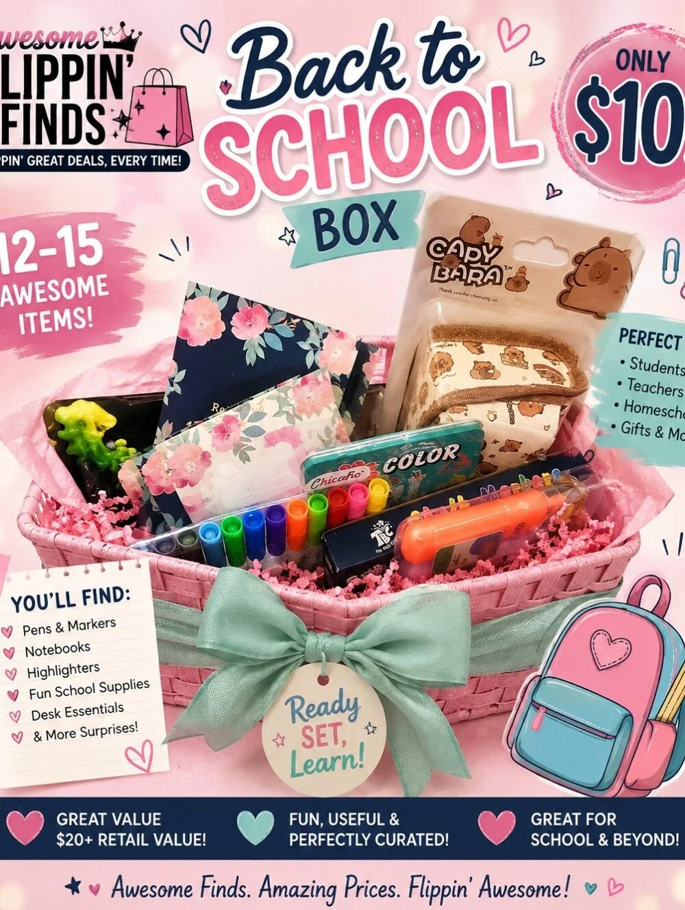 Back to School Kids Toy Stationery Gift Basket - Pink & Mint