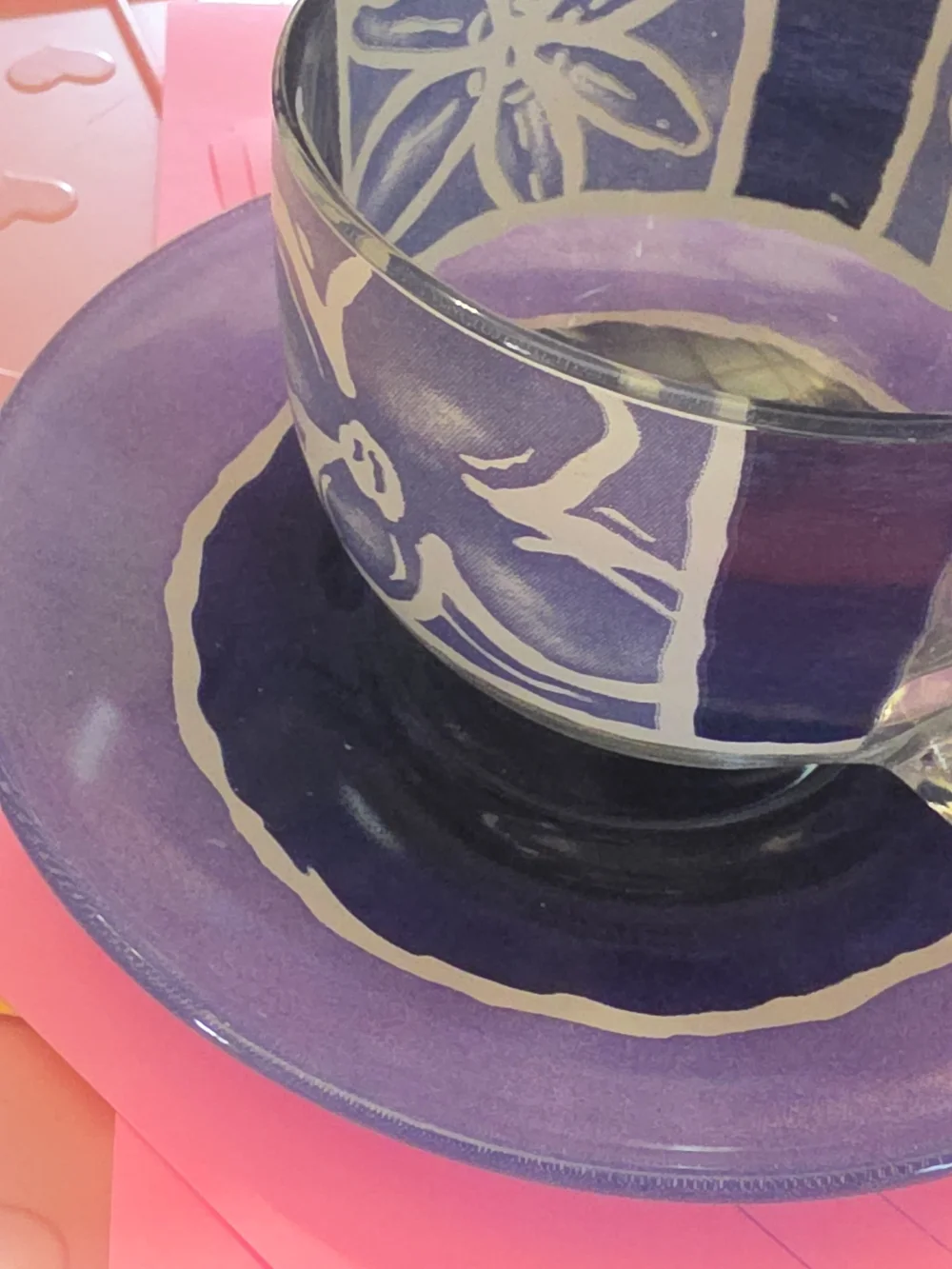 AT-1 Vintage Hand-Painte Glass Teacup and Saucer Set Blue