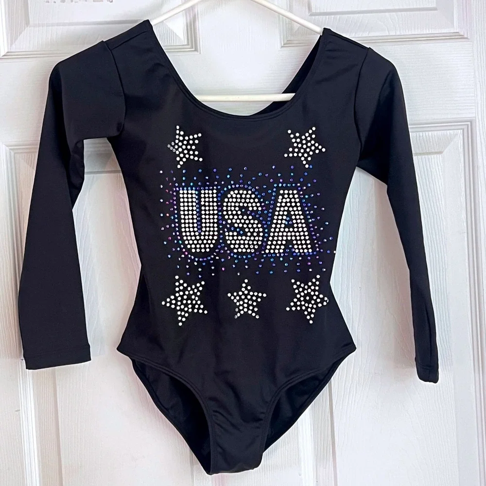 AK Leotard XS Girls USA Rhinestone Long Sleeve Black Star Patriotic Bling