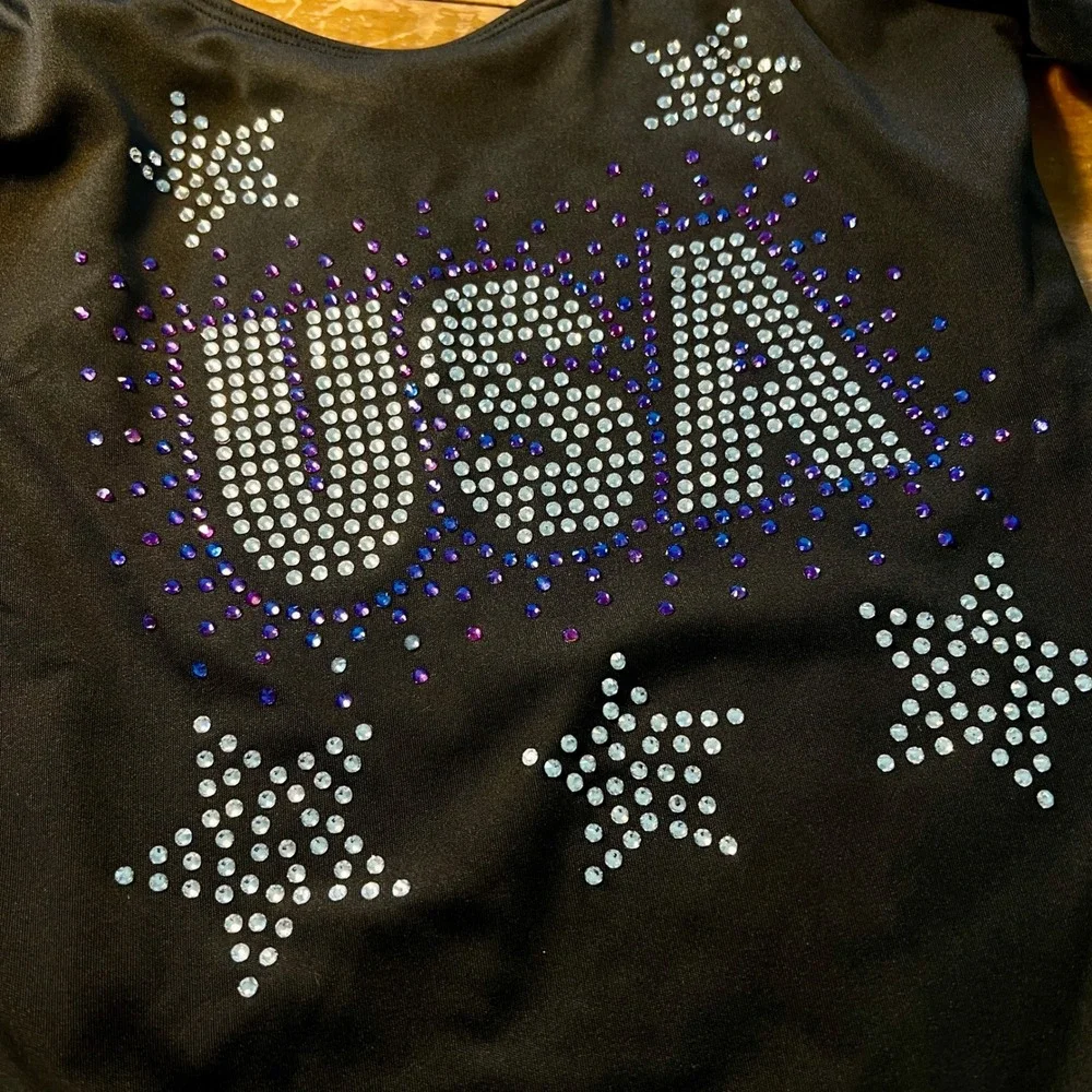 AK Leotard XS Girls USA Rhinestone Long Sleeve Black Star Patriotic Bling