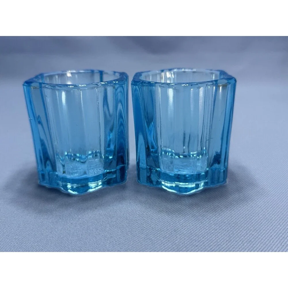 Set Of 2 Blue Glass Votives, Hexagon Shape, Made In USA 2.5x2.5