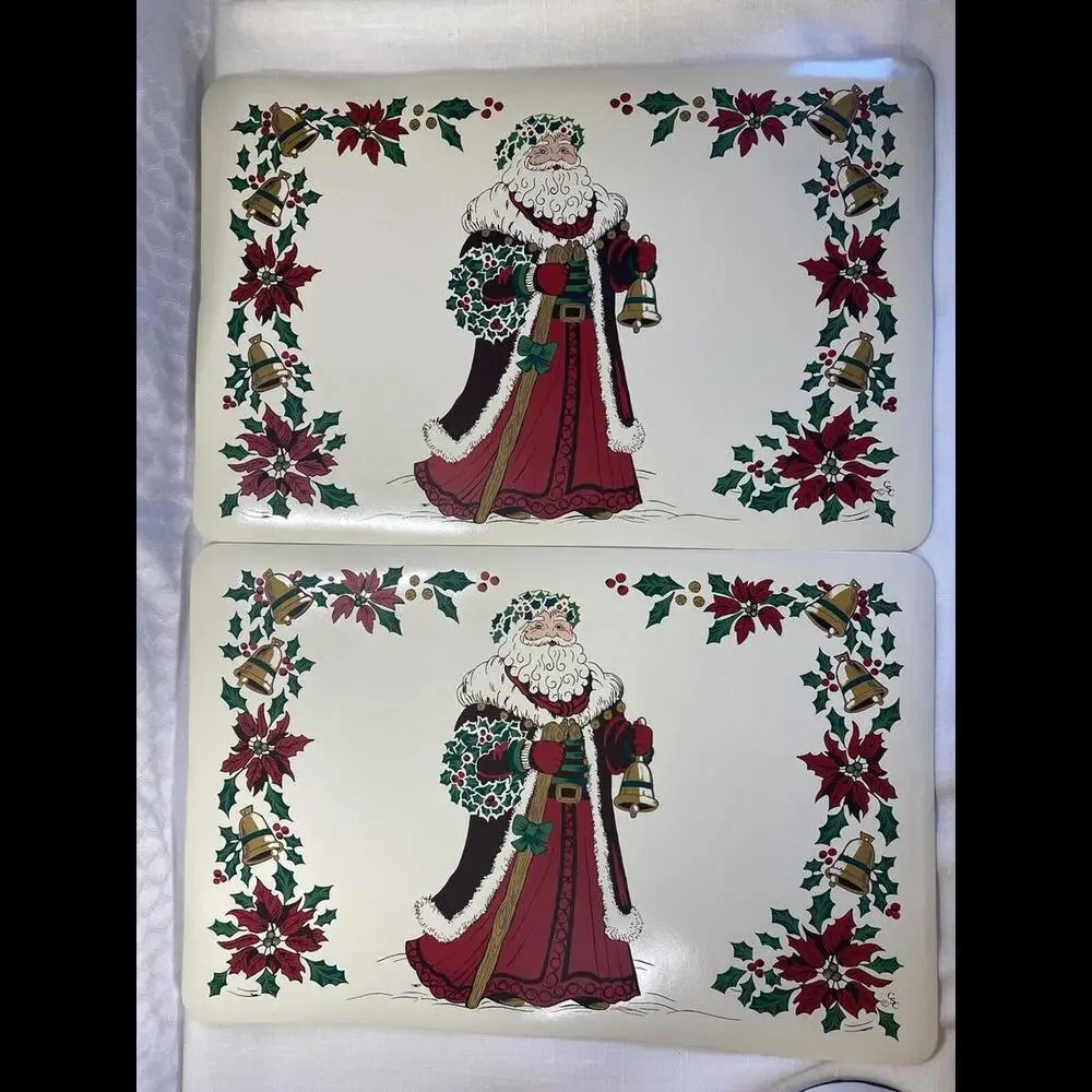 Vintage Set of 2 Red Green Santa‎ Claus Christmas Vinyl Rectangular Placemats