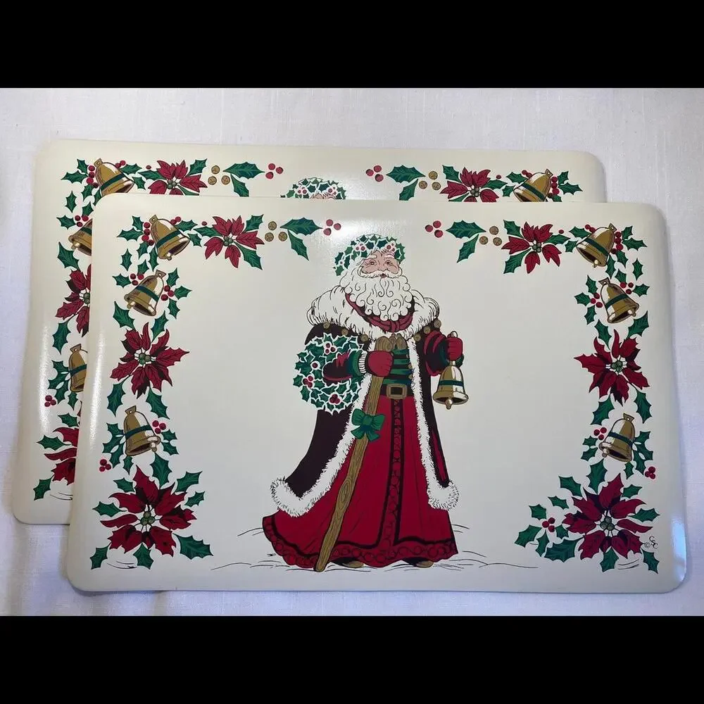 Vintage Set of 2 Red Green Santa‎ Claus Christmas Vinyl Rectangular Placemats