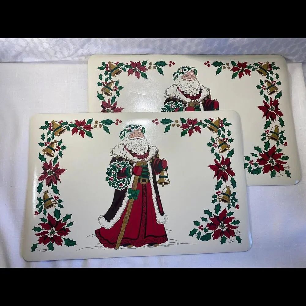 Vintage Set of 2 Red Green Santa‎ Claus Christmas Vinyl Rectangular Placemats