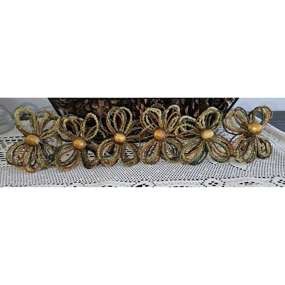 Pier One Imports Set 6 Beaded Napkin Rings Fall Floral Gold Brown Green‎ Orange