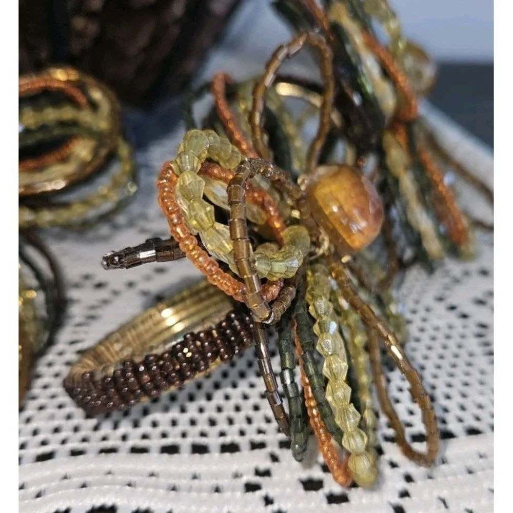Pier One Imports Set 6 Beaded Napkin Rings Fall Floral Gold Brown Green‎ Orange