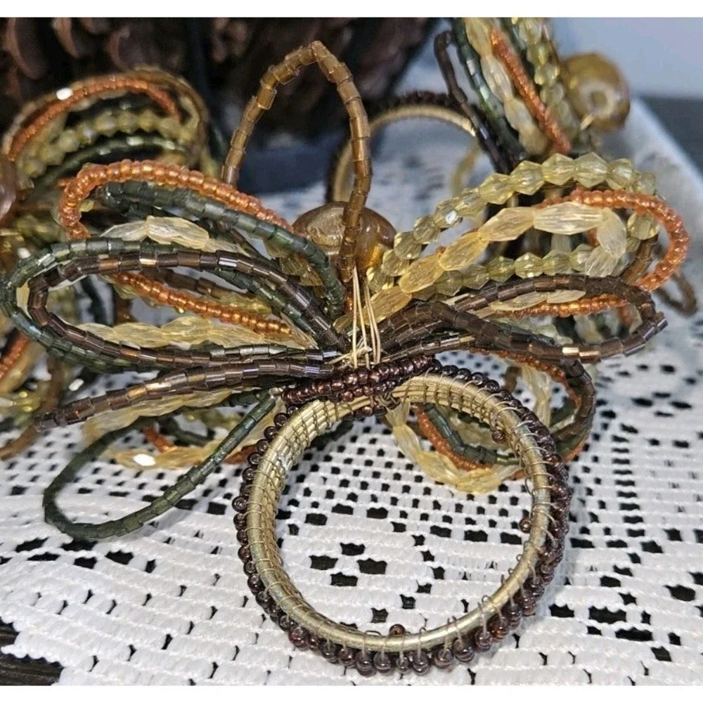 Pier One Imports Set 6 Beaded Napkin Rings Fall Floral Gold Brown Green‎ Orange