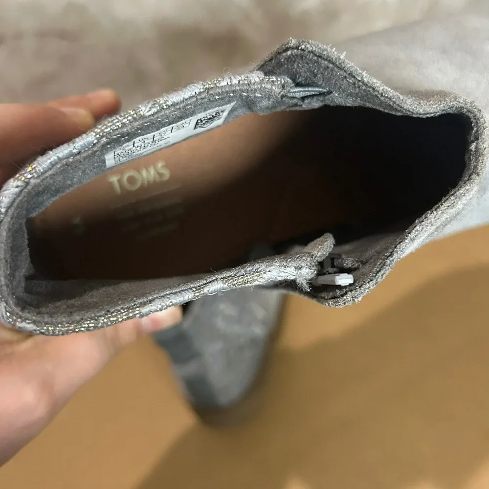 Toms Kids Gray Suede Glitter Leopard Print Ankle‎ Boots Side Zip Size 5