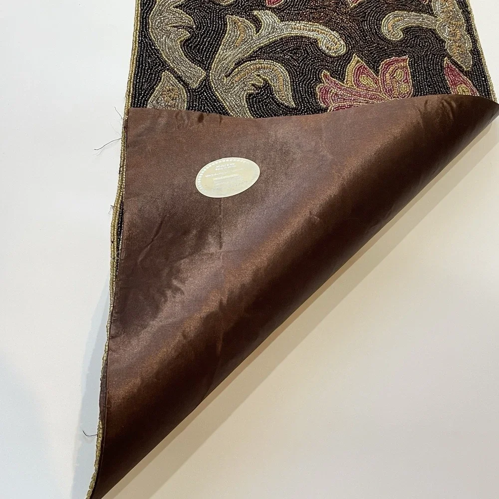 Cotton Craft Beaded Table Runner Lotus Floral Gold Chocolate Brown Handcrafted