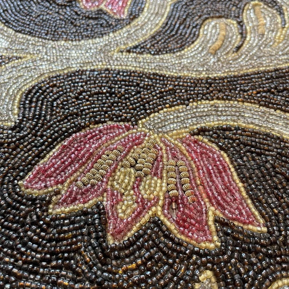 Cotton Craft Beaded Table Runner Lotus Floral Gold Chocolate Brown Handcrafted