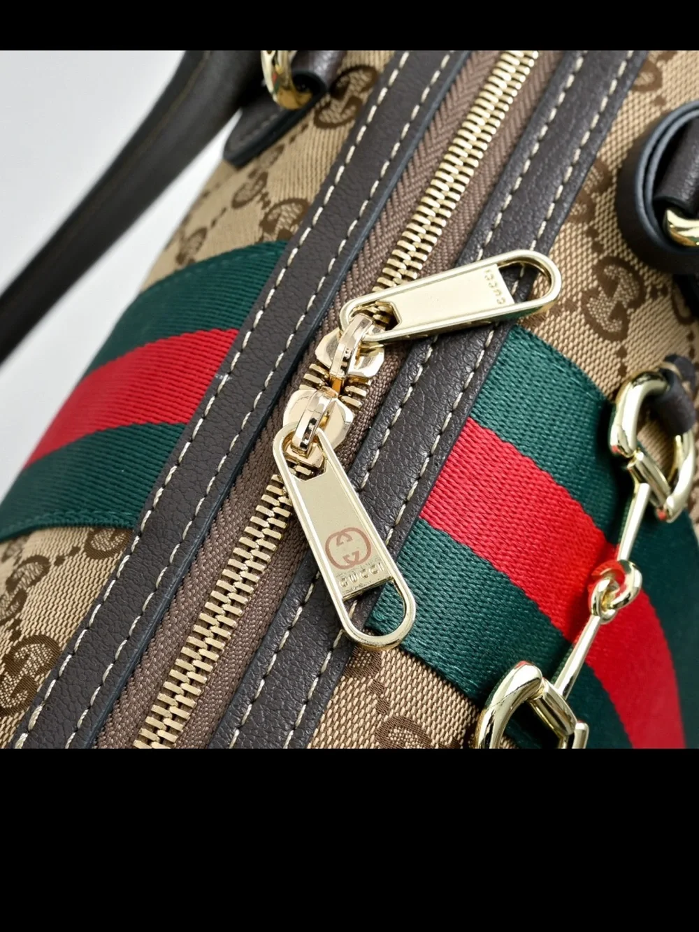 Gucci Beige GG Supreme Satchel with Green and Red Web Stripe