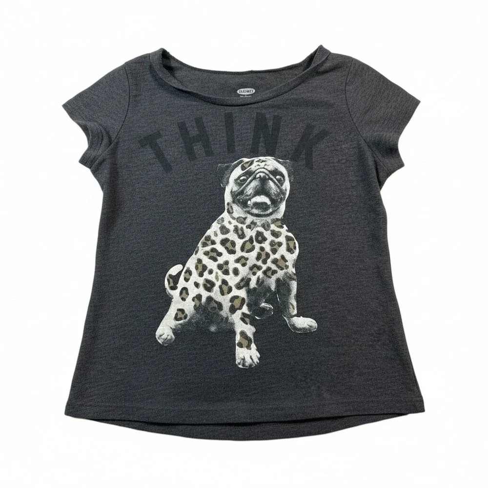Old Navy Shirt Girl's‎ Size XS Short Sleeve Black Graphic T-Shirt Dog Pug Print
