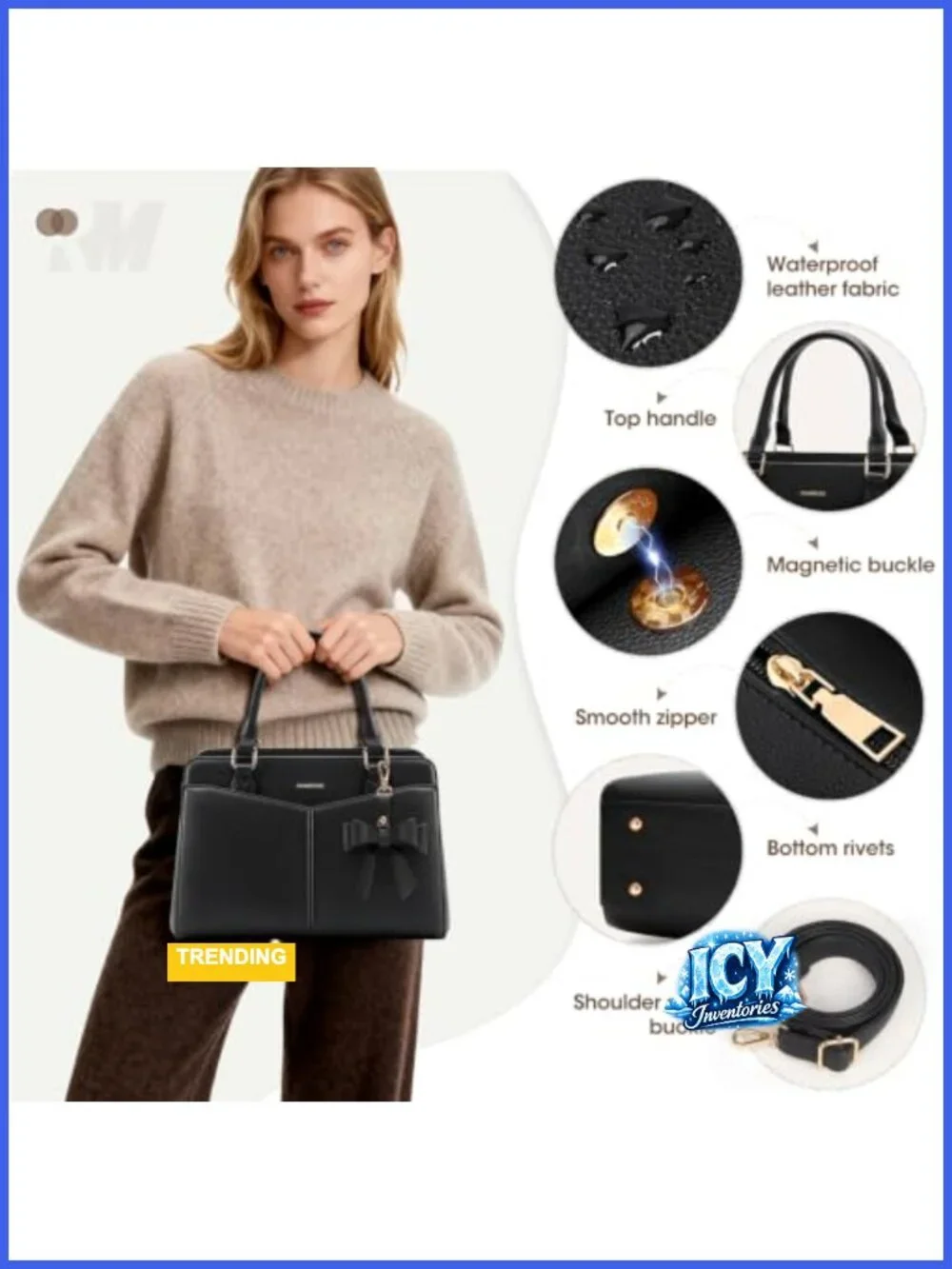 Women's PU Leather Satchel Handbag with Bowknot, Shoulder Strap, Fits 11'' iPad