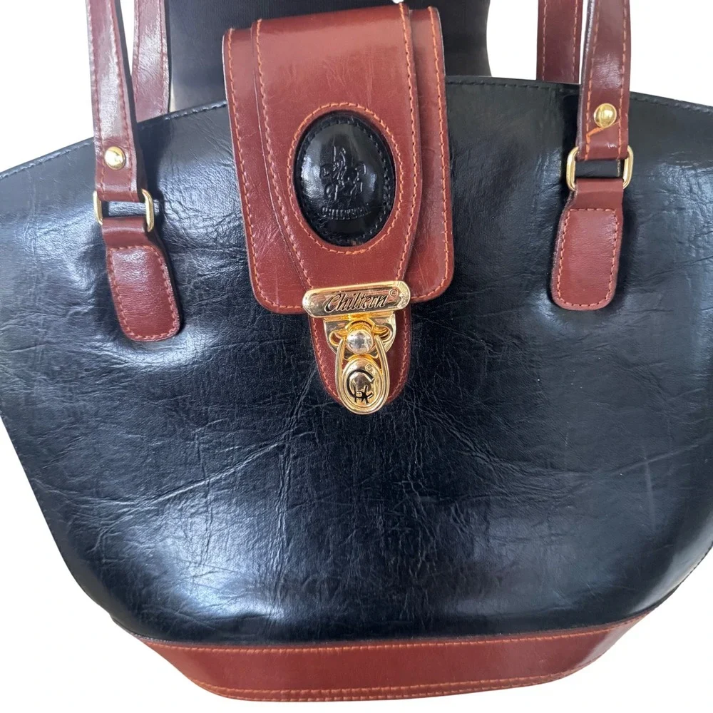 Vintage Chiltern Satchel Tote Black Brown Leather Handbag 10.5x15x10x4.5 EUC 90s