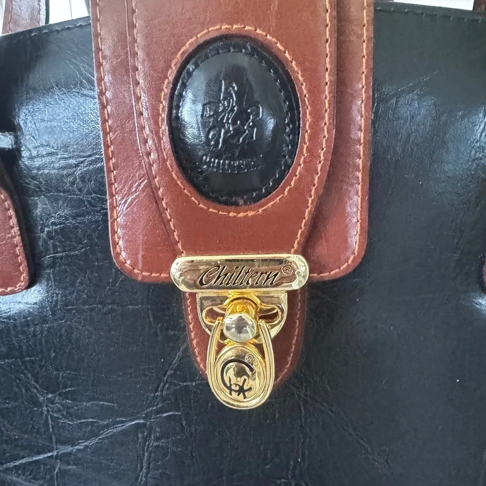 Vintage Chiltern Satchel Tote Black Brown Leather Handbag 10.5x15x10x4.5 EUC 90s