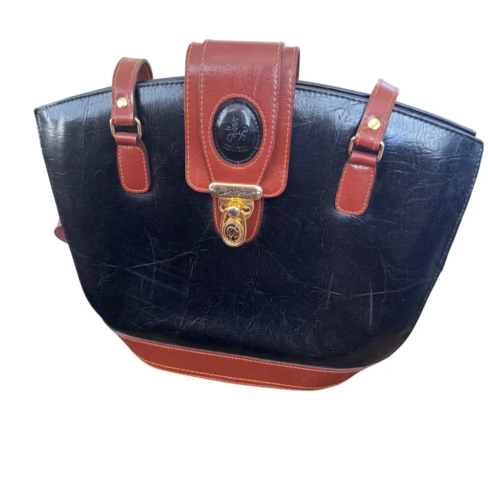 Vintage Chiltern Satchel Tote Black Brown Leather Handbag 10.5x15x10x4.5 EUC 90s