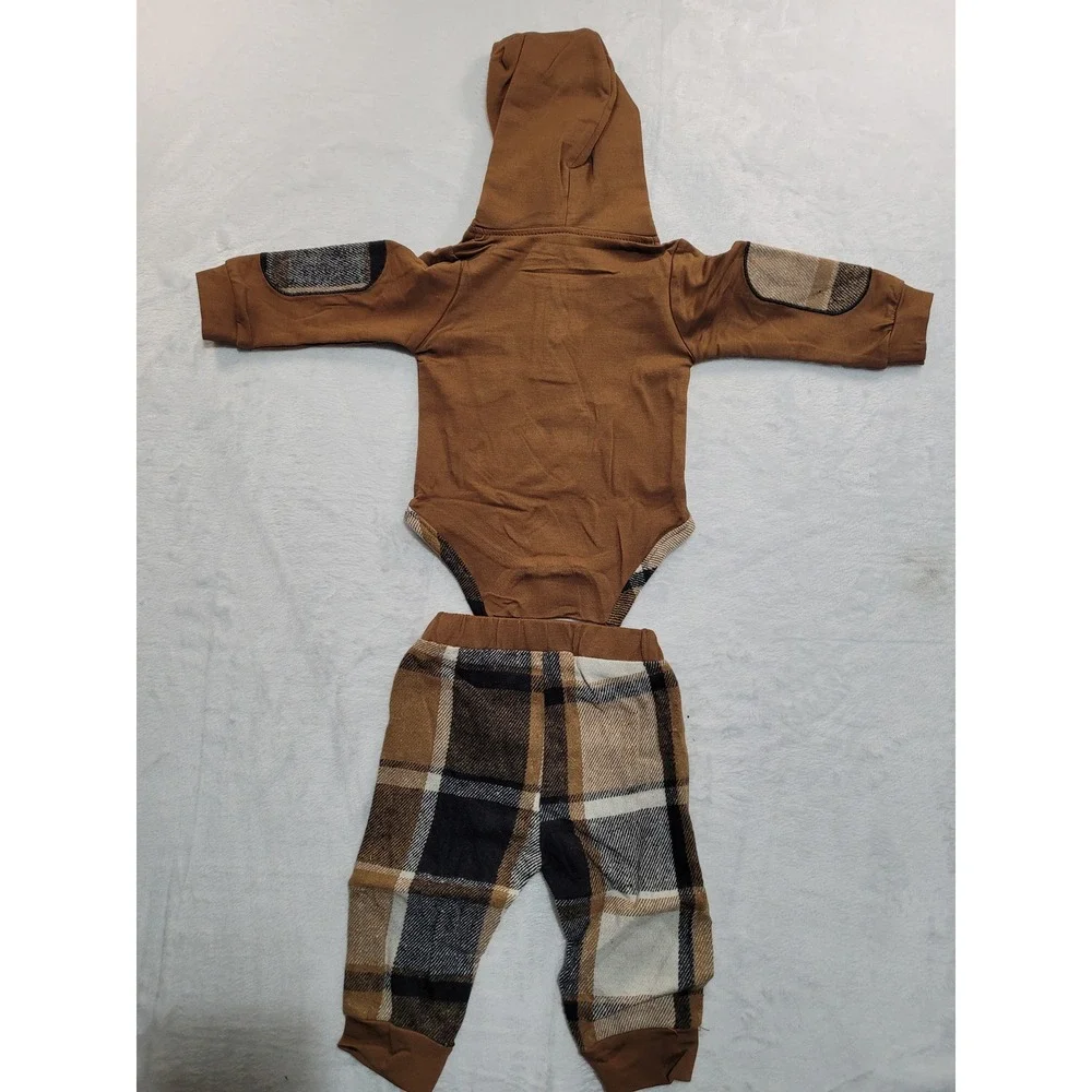 NWT Hooded Bodysuit and Plaid Pants Set Kids 0-3M Brown  Elbow Patches