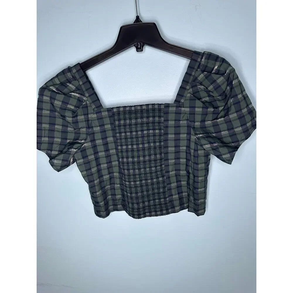 Madewell Hopewell Puff-Sleeve Crop Top in Plaid square neckline smocked back S