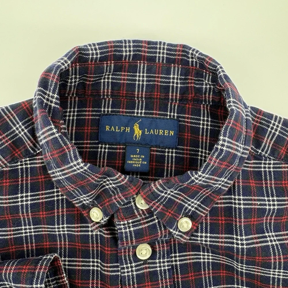 Youth Polo Ralph Lauren LS Navy, Red, White Plaid Button Up Shirt‎ Size 7