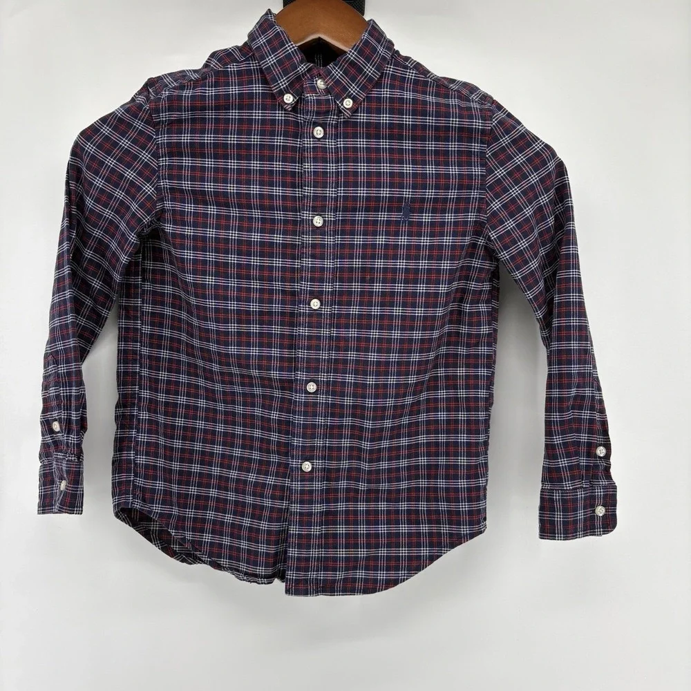 Youth Polo Ralph Lauren LS Navy, Red, White Plaid Button Up Shirt‎ Size 7