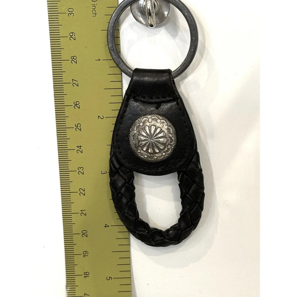 Vintage Braided Leather Keychain Western Silver Sunburst Concho Fob Black