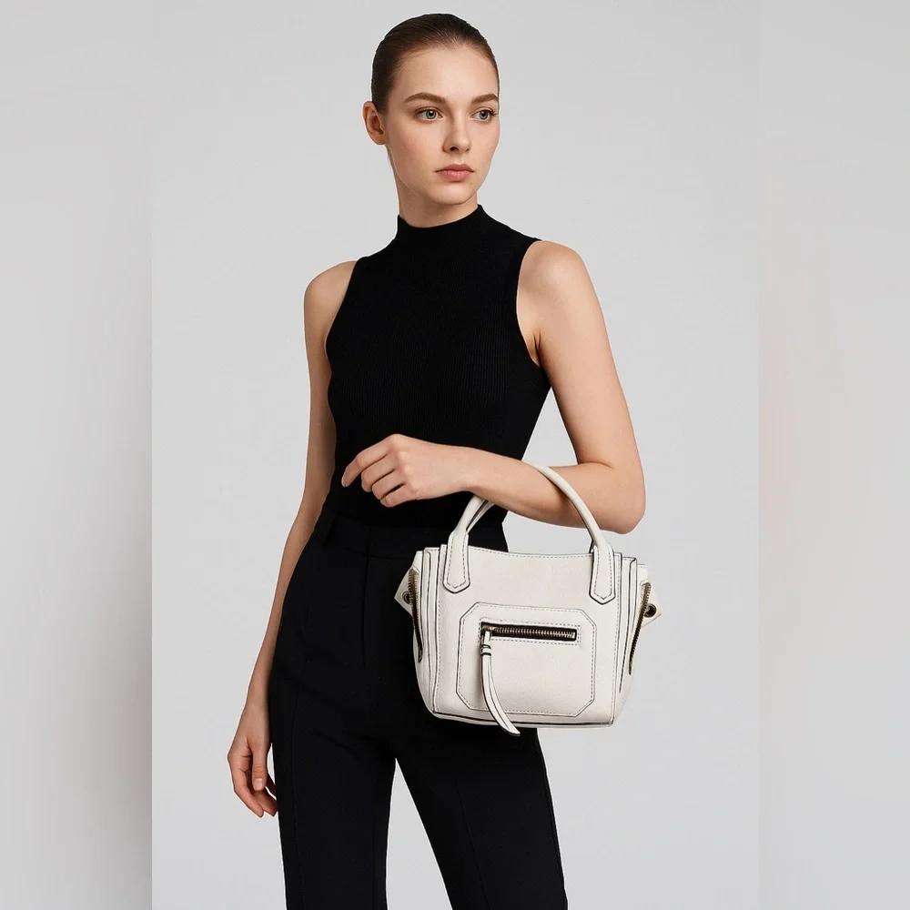 orYANY Small White Leather‎ Satchel Handbag with Zipper Sides