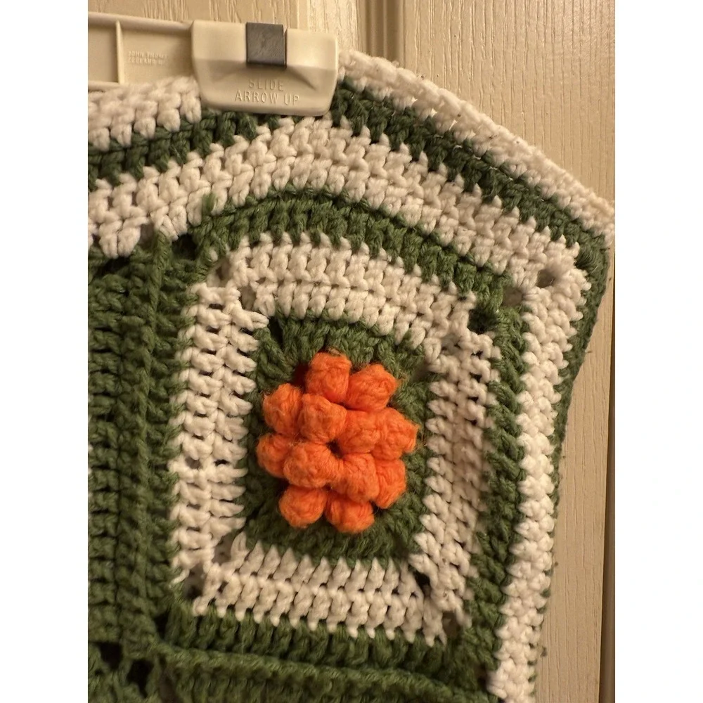 Vtg Granny Square Crochet Afghan 3d Flowers‎ Multicolor 48x48 Handmade Blanket