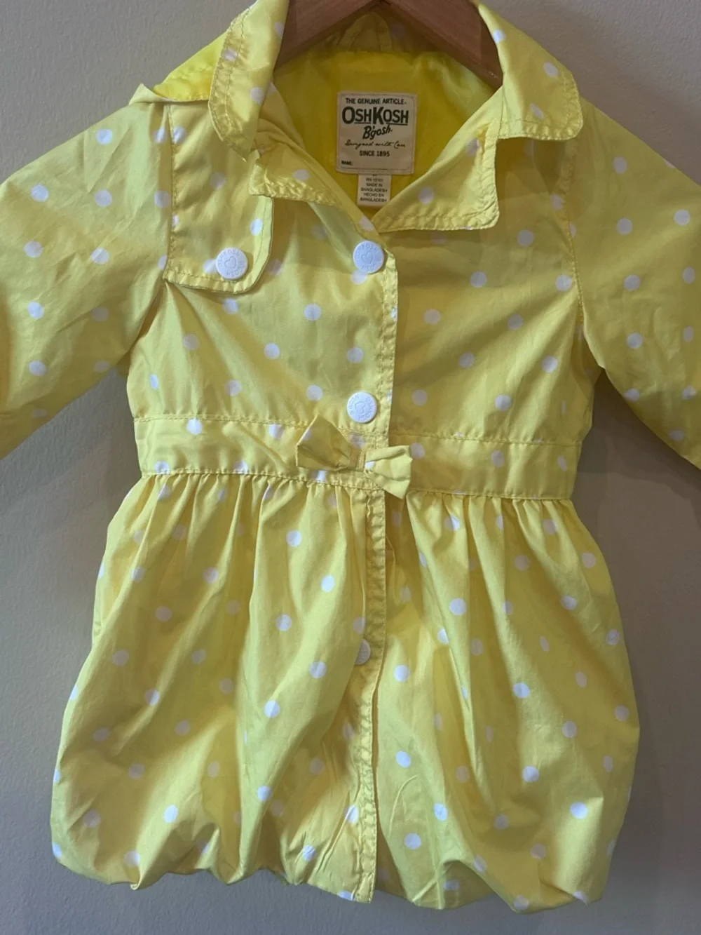 OshKosh B’gosh Girls Yellow Polka Dot Hooded Raincoat Jacket 4T