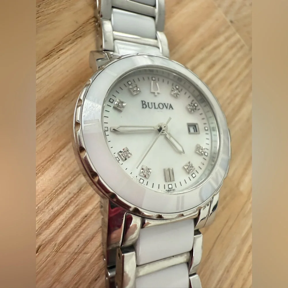 Bulova ladies silver tone white ceramic diamond watch NEW BATTERY