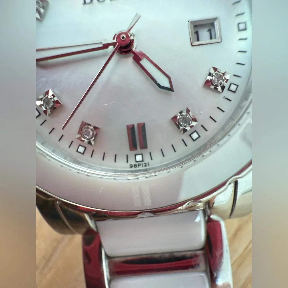 Bulova ladies silver tone white ceramic diamond watch NEW BATTERY