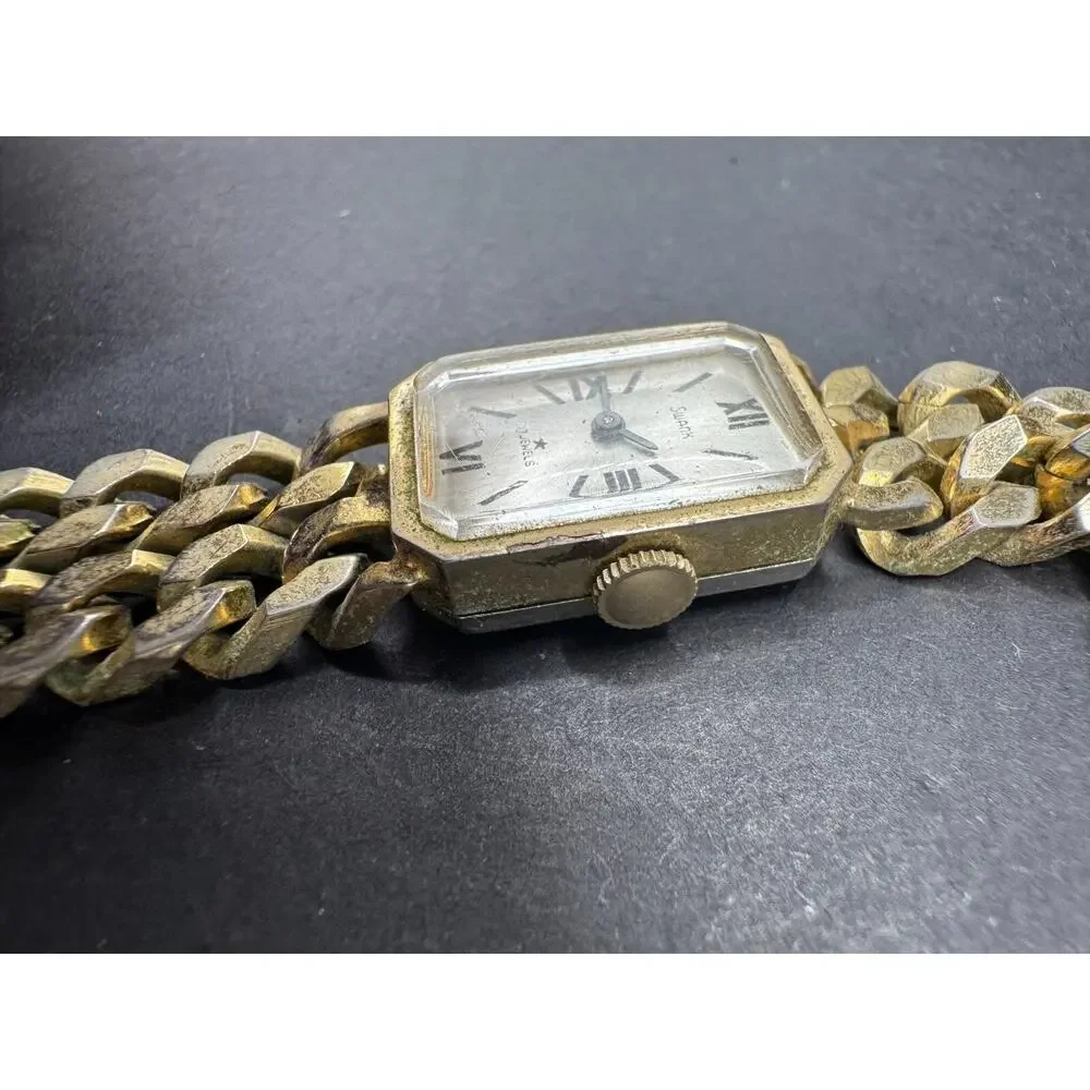 Vintage Swank Ladies 17 Jewels Gold Tone Wristwatch Metal & Leather Band
