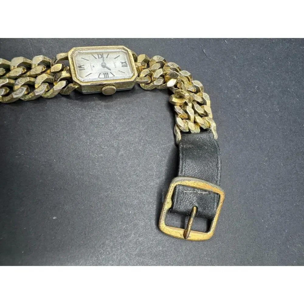 Vintage Swank Ladies 17 Jewels Gold Tone Wristwatch Metal & Leather Band