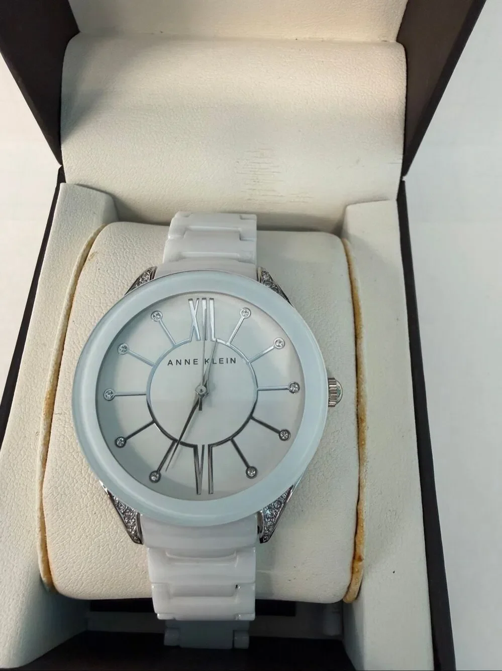 Anne Klein White Ceramic Crystal Watch and box AK-1673WTSV