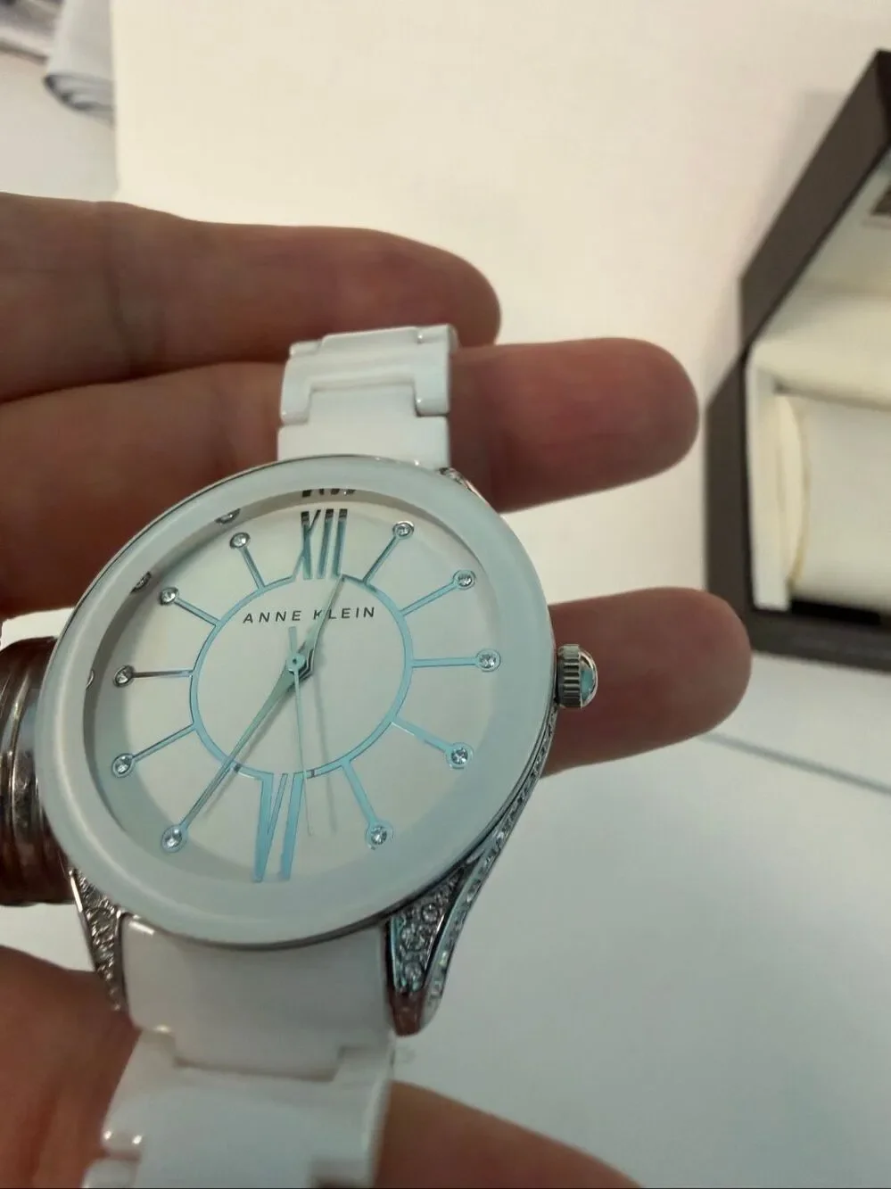 Anne Klein White Ceramic Crystal Watch and box AK-1673WTSV