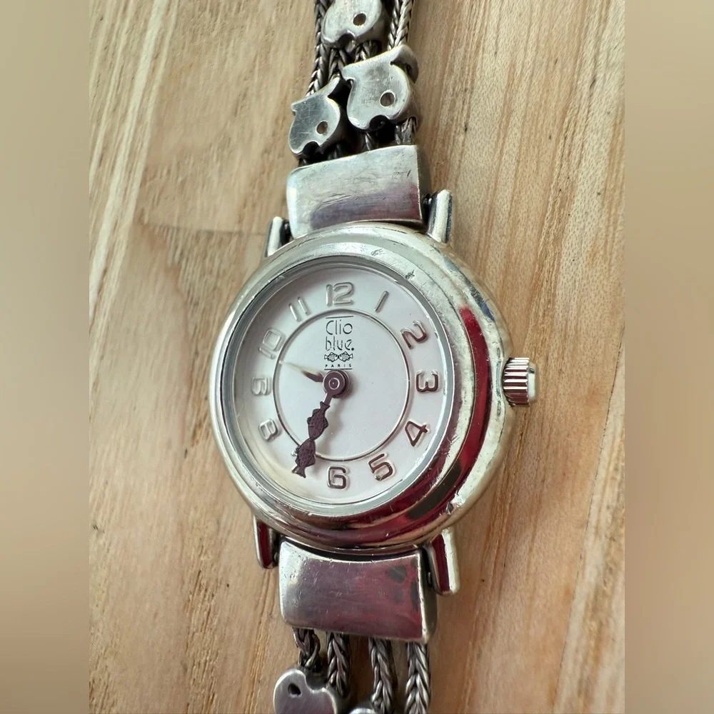 Clio blue Paris 925 Sterling silver fish multi chain bracelet watch NEW BATTERY