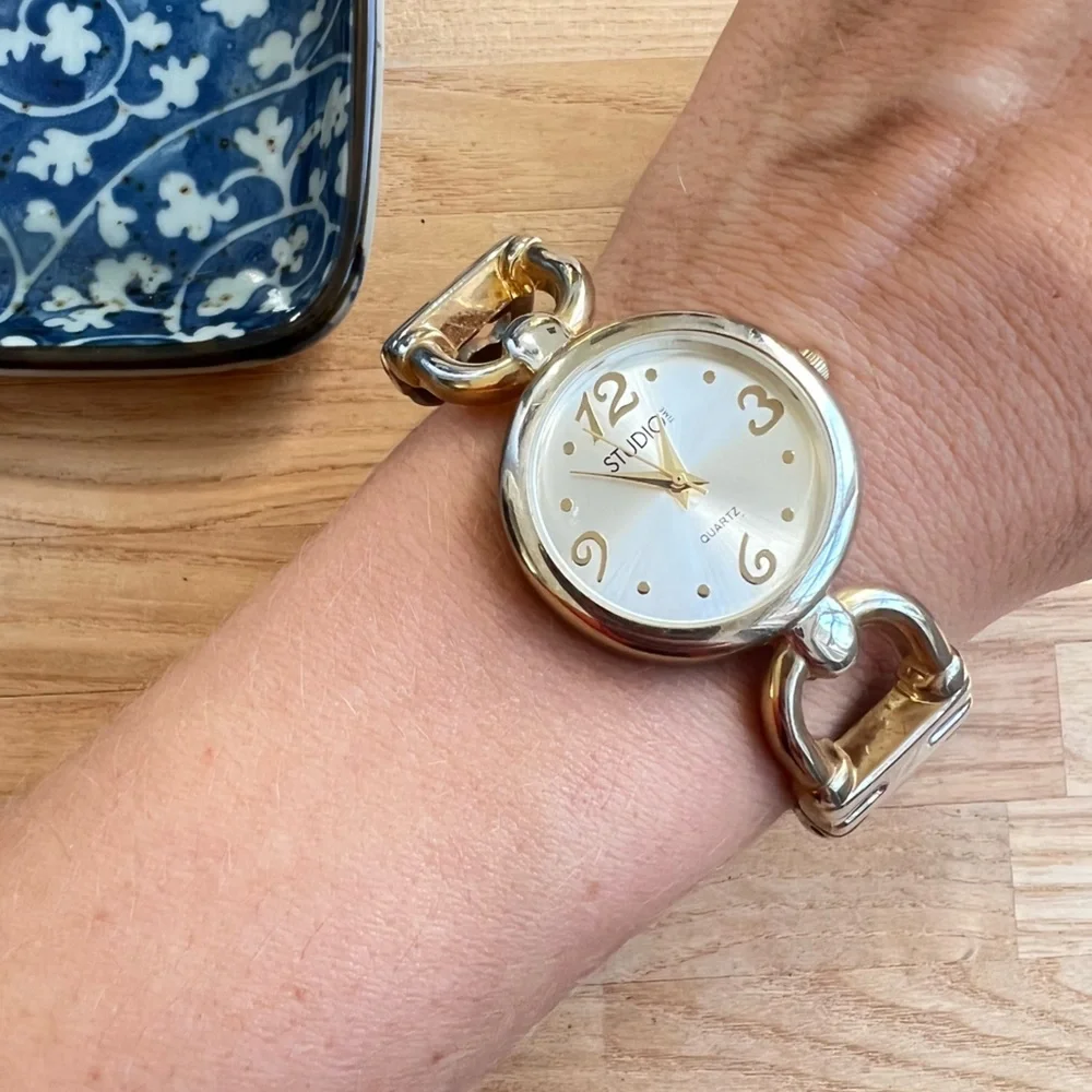Studio time ladies gold tone hinged cuff bracelet fashion watch NEW BATTERY