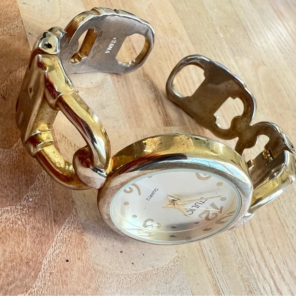 Studio time ladies gold tone hinged cuff bracelet fashion watch NEW BATTERY