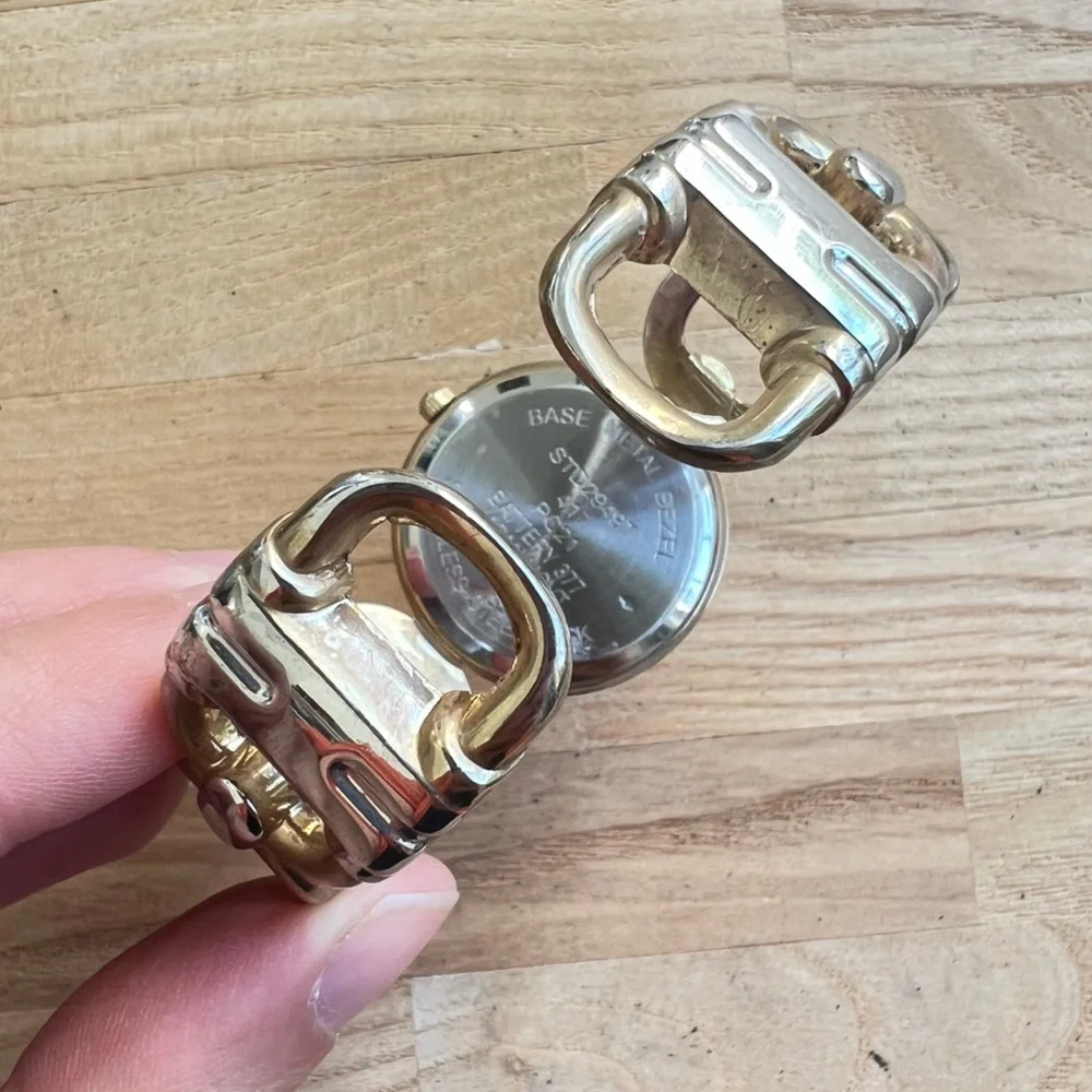 Studio time ladies gold tone hinged cuff bracelet fashion watch NEW BATTERY
