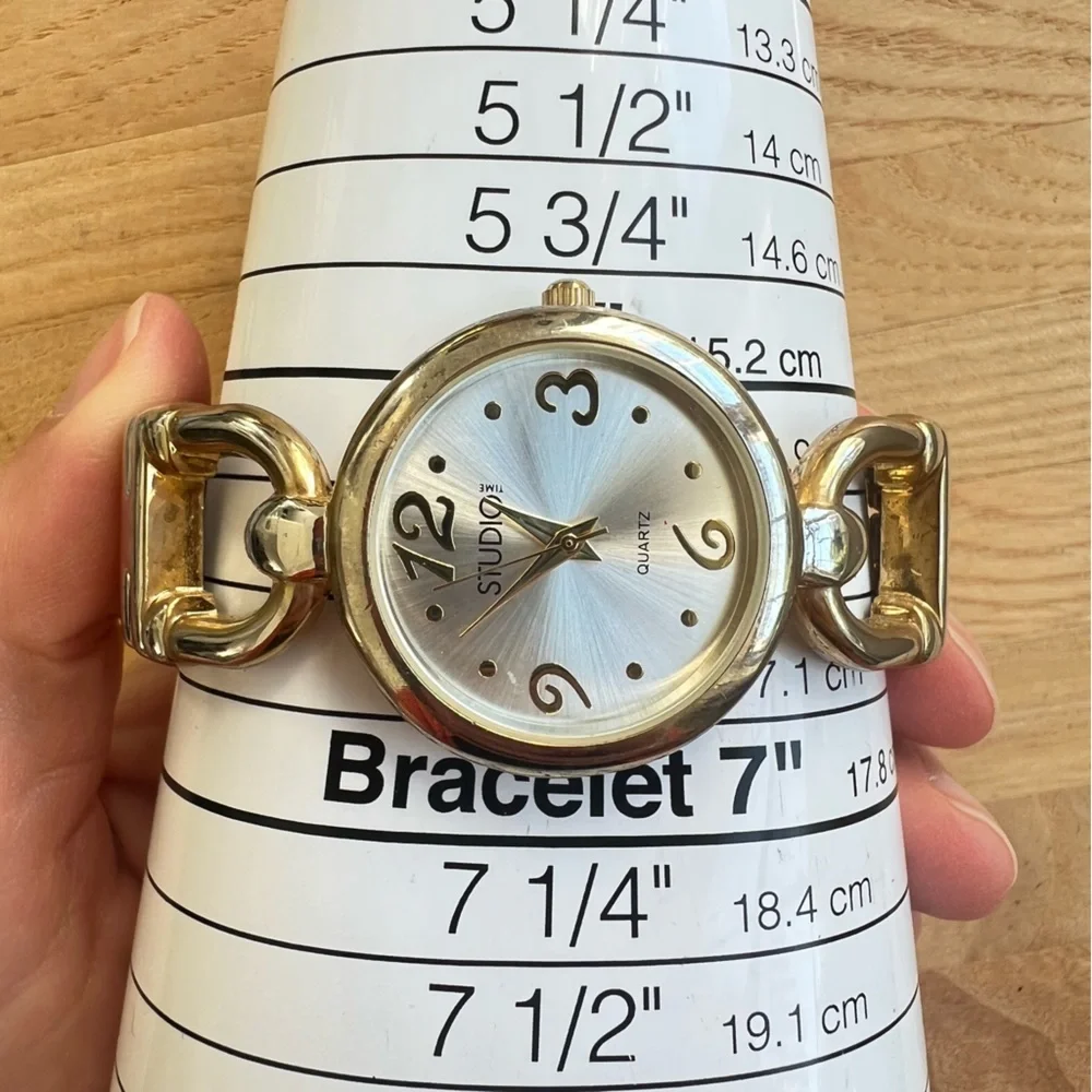 Studio time ladies gold tone hinged cuff bracelet fashion watch NEW BATTERY