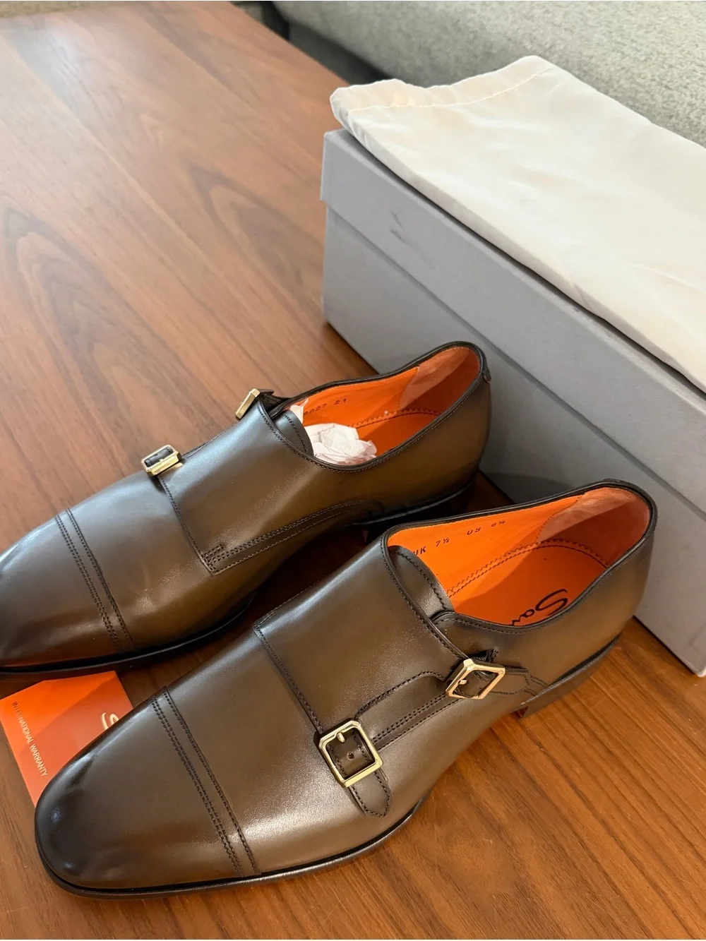 Santoni Brown Leather Double Monk Strap Shoes with Gold Buckles