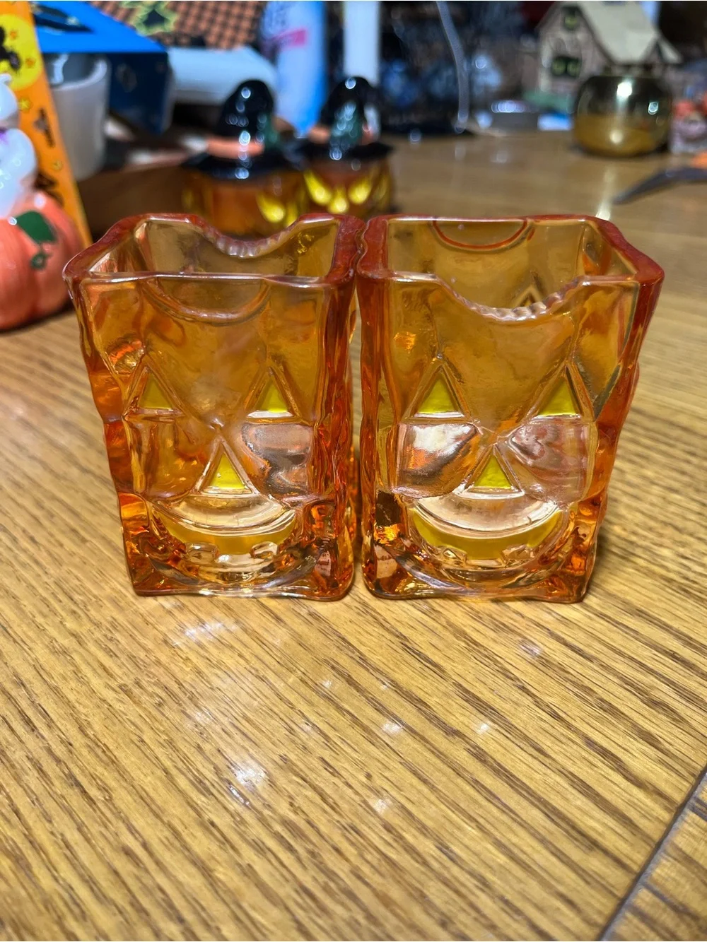 Orange Glass Jack-o'-Lantern Votive Holders - Set of 2