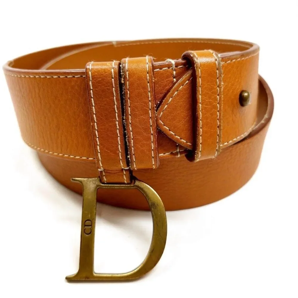 Christian DIOR Cognac Brown Leather D Charm Saddle Belt 85 cm Auth US Medium