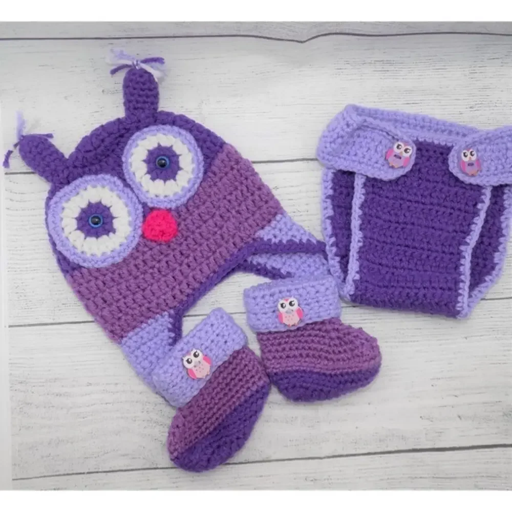 Baby Owl Hat Diaper‎ Cover and Booties Set