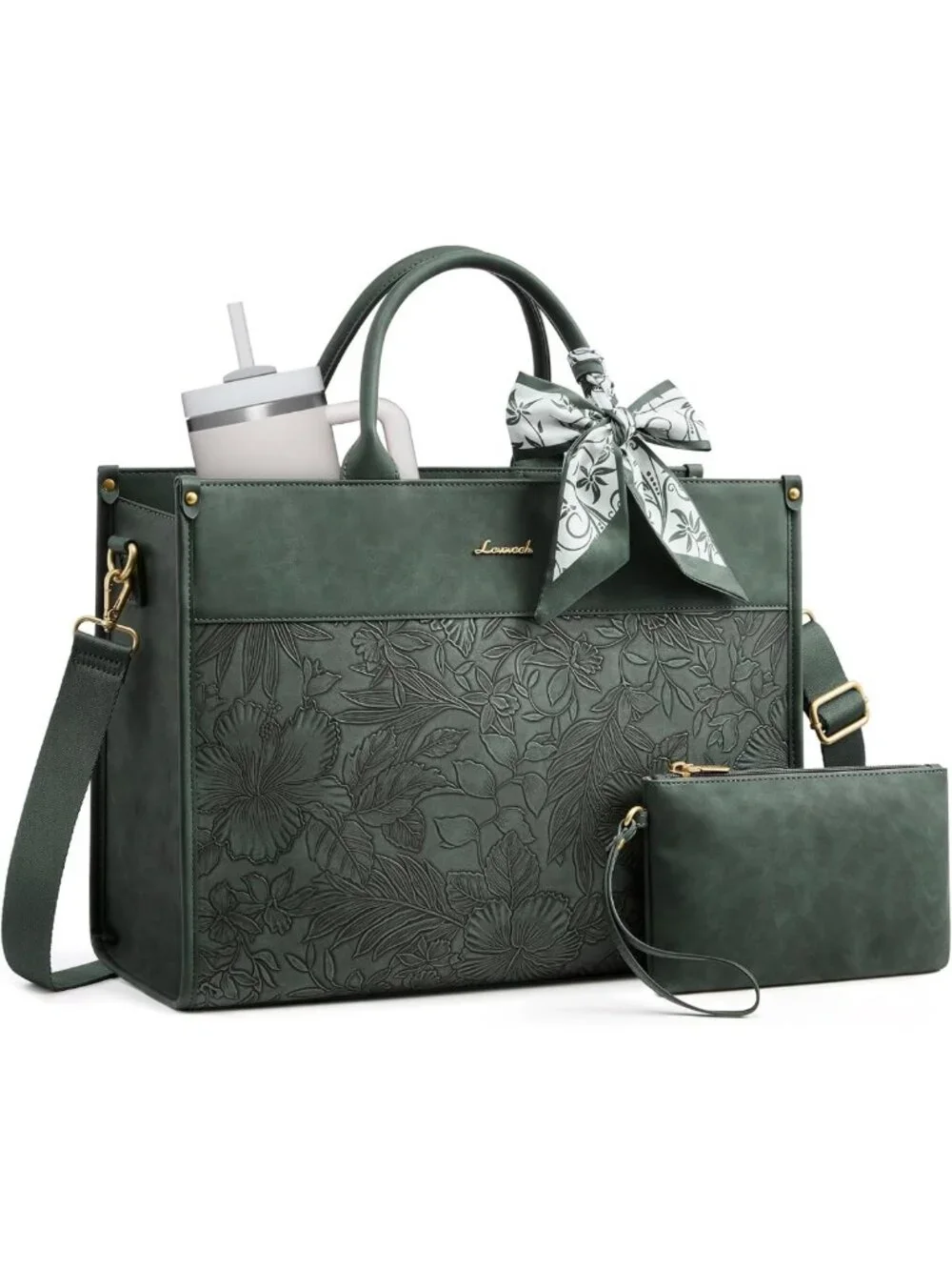 Vintage Laptop Tote Bag for Women | Waterproof Work Bag with Cup Holder & Scarf