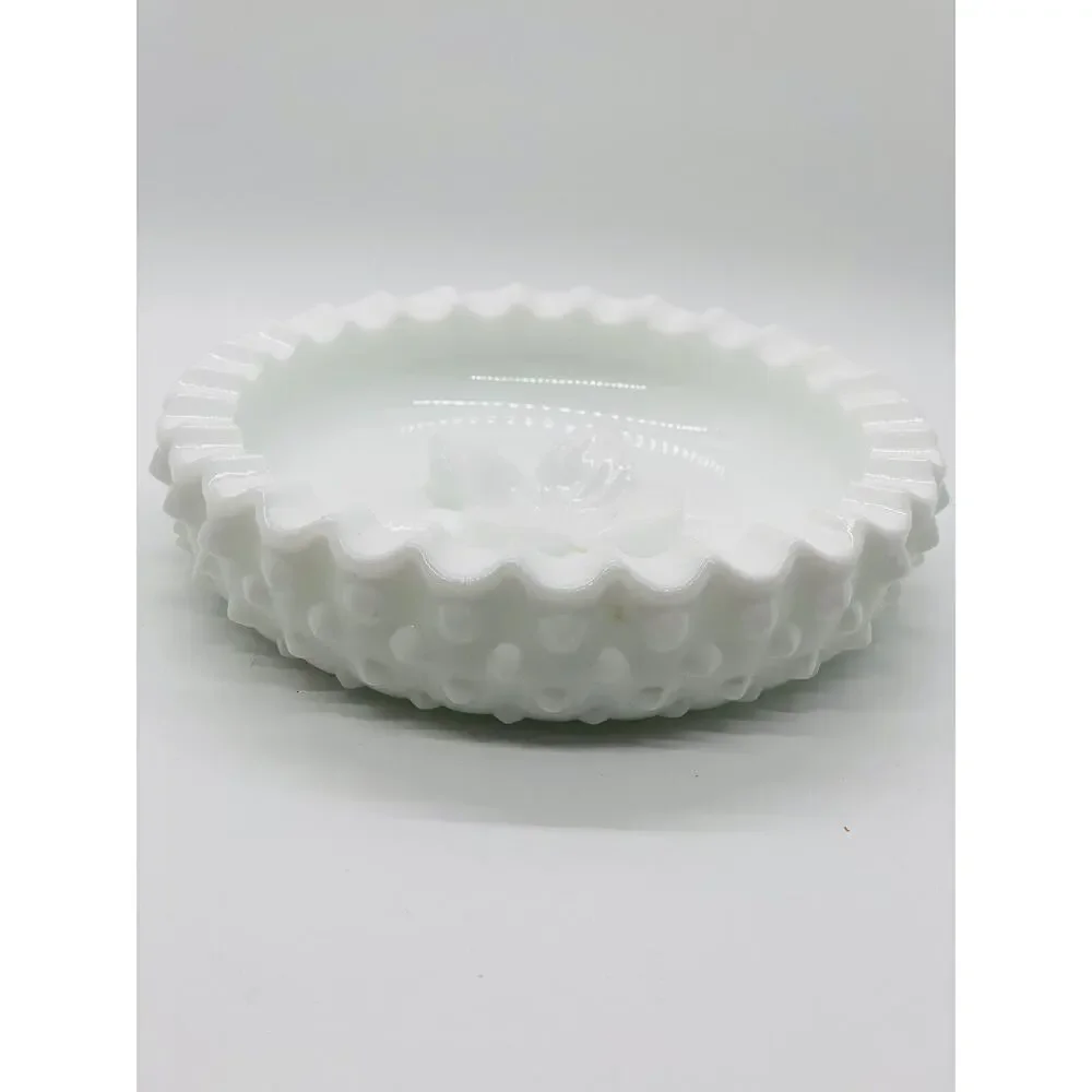 Fenton Vintage White Hobnail Milk Glass Ashtray w/Dogwood Flower in Center