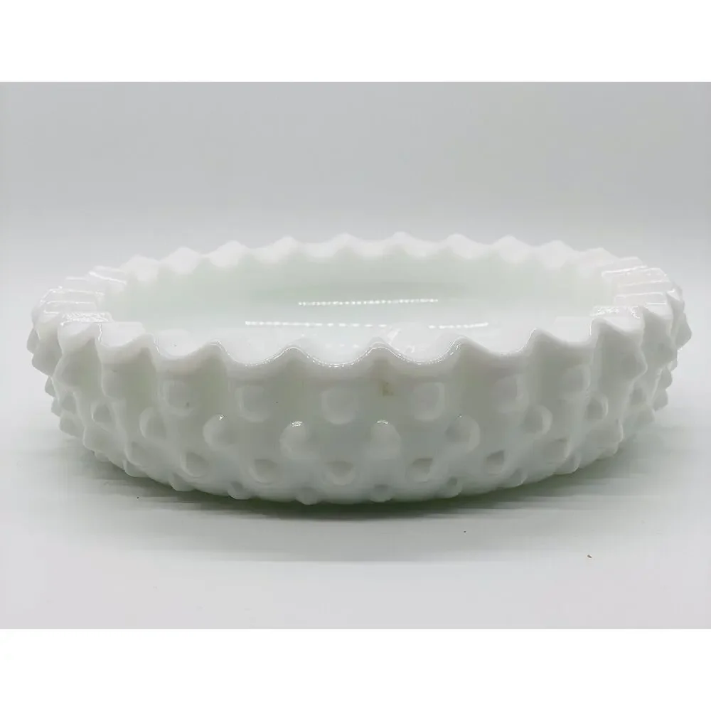 Fenton Vintage White Hobnail Milk Glass Ashtray w/Dogwood Flower in Center