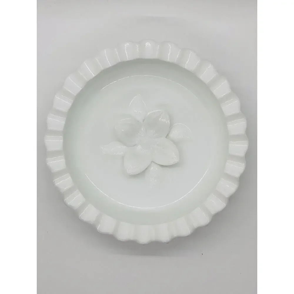 Fenton Vintage White Hobnail Milk Glass Ashtray w/Dogwood Flower in Center