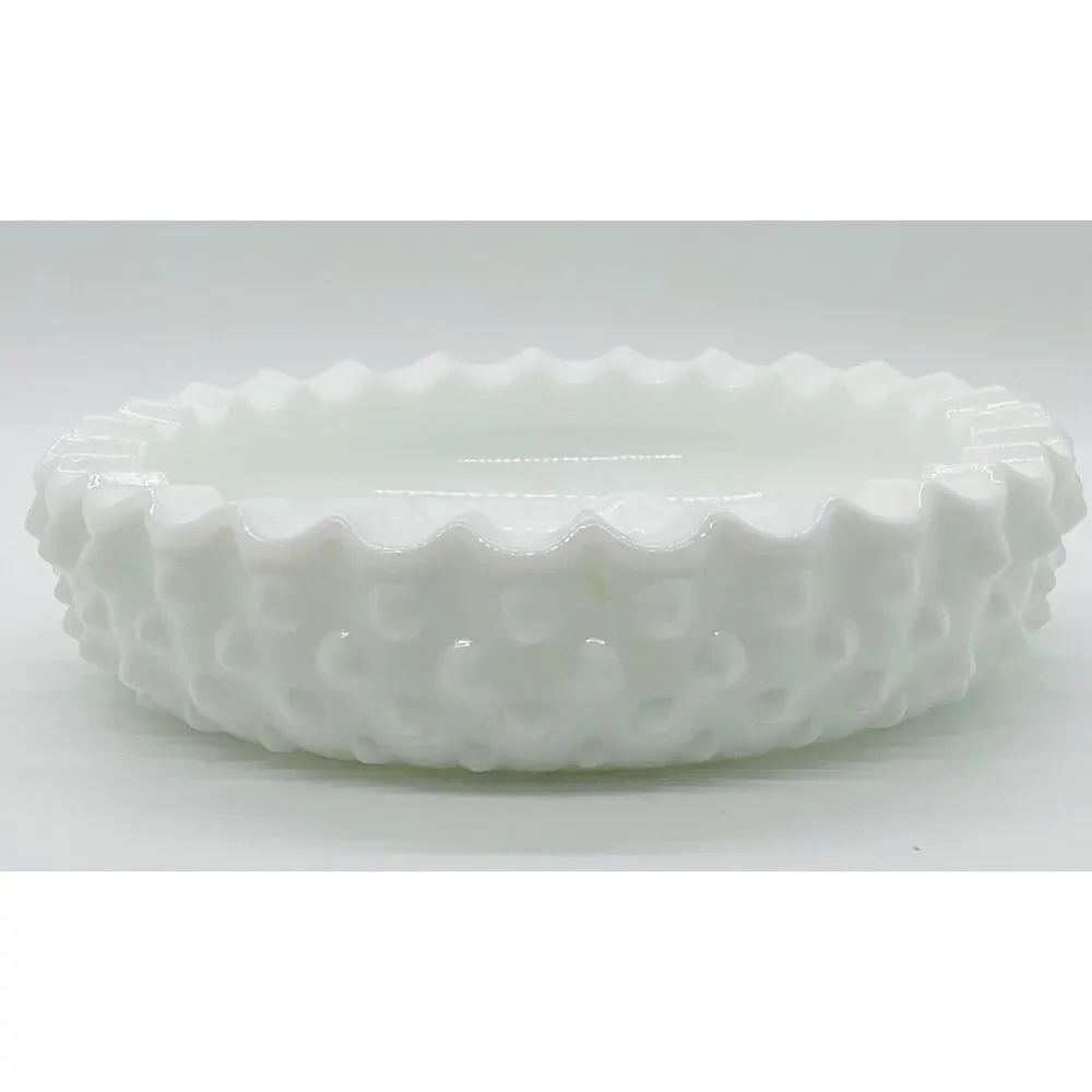 Fenton Vintage White Hobnail Milk Glass Ashtray w/Dogwood Flower in Center