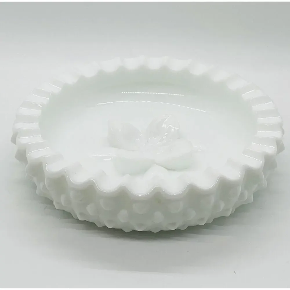 Fenton Vintage White Hobnail Milk Glass Ashtray w/Dogwood Flower in Center