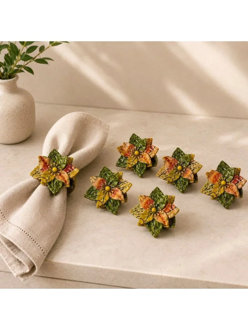Pier 1 Imports Napkin Rings Fall Thanksgiving Floral Metal Set Of 6 Autumn Table